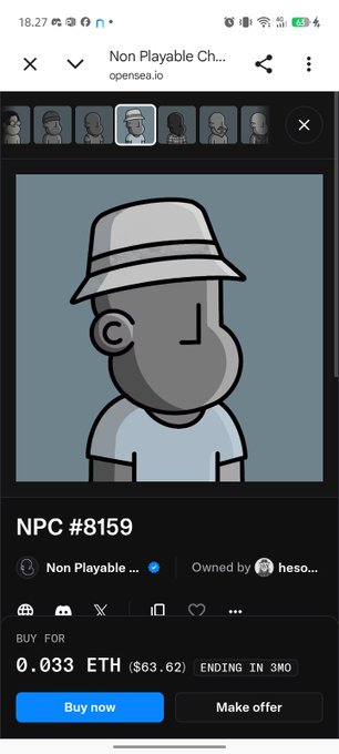 A mobile screenshot of OpenSea showing NFT #8159 'Non Playable Ch...' listed for 0.033 ETH ($63.02) with 3 months remaining.