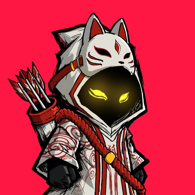 An illustration of a chibi-style character wearing a white kitsune mask with red markings, a hooded cloak, and carrying a quiver of arrows on a red background.