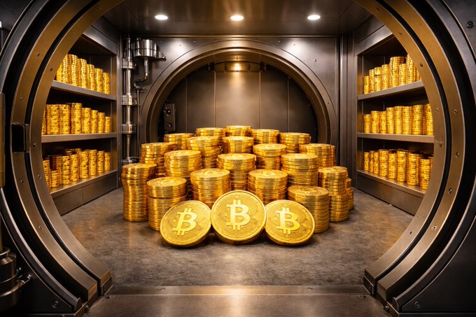 The image shows a room filled with stacks of gold coins, possibly representing Bitcoins or other forms of digital currency. The room appears to be a vault or safe, as there are multiple doors leading into the space. In the background, there's an archway that leads to another room. A caption above the image reads "LATEST: Strive CIO Ben Werkman warns prolonged Bitcoin weakness could push treasury firms toward consolidation." This suggests that the image might be related to a discussion or analysis of the current state of digital currency and its impact on financial institutions, such as banks and treasurers.
