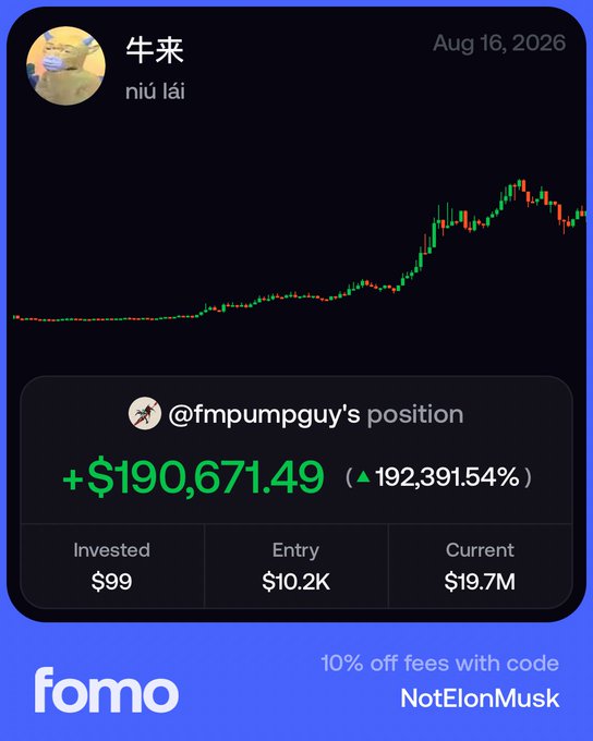 A promotional graphic from fomo app showing a position in '牛来' (niú lái) dated Aug 16, 2026, with a price chart and @fmpumpguy's position showing +$190,671.49 (192,391.54%) gain from $99 invested at $10.2K entry to $19.7M current, with a 10% off fees promo code 'NotElonMusk'.