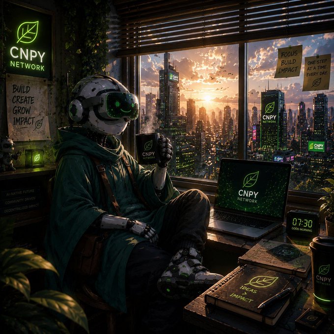 A futuristic cyborg figure wearing goggles and a hoodie sits by a window overlooking a neon-lit cityscape, drinking from a cup branded 'CNPY NETWORK'. Sticky notes read 'FOCUS BUILD IMPACT' and 'ONE STEP AT A TIME EVERY DAY,' with a laptop displaying the 'CNPY NETWORK' logo and a clock showing 07:30 GOOD MORNING.