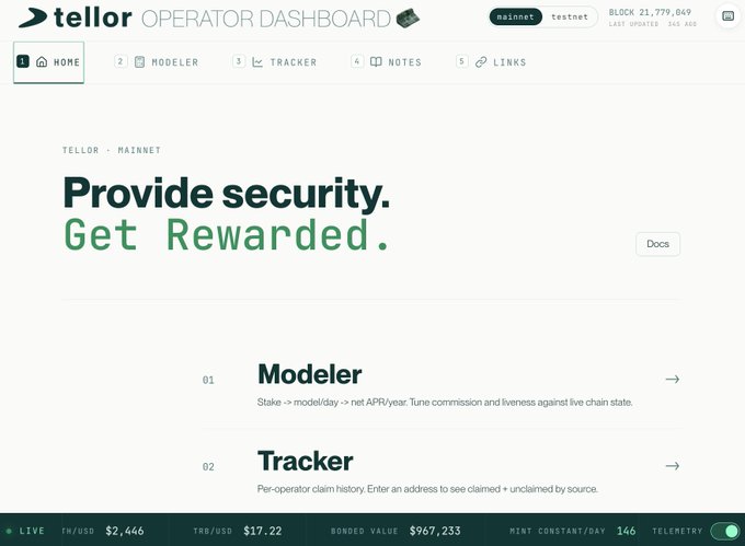 Screenshot of the Tellor Operator Dashboard on mainnet, featuring the tagline 'Provide security. Get Rewarded.' with navigation tabs for Home, Modeler, Tracker, Notes, and Links, and live metrics showing TRB/USD at $17.22.