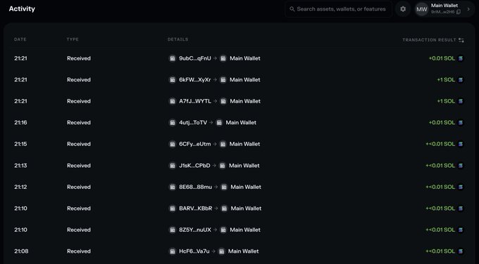 A dark-themed activity log displays a series of "Received" transactions in SOL, showing numerous wallets (e.g., 6ubC...qFnU, 6xFW...XyXr, A7fLt_WYTL) each sending +0.01 or +1 SOL to the "Main Wallet." The accompanying transactions visually support the post's message, illustrating multiple "legends" contributing small SOL amounts to support the "somethingridiculous.sol" project.