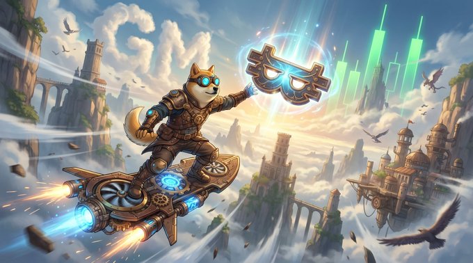 A heroic Shiba Inu warrior soars through a fantastical sky on a rocket-powered hoverboard, wielding a glowing emblem-like shield, while flying past floating castles and futuristic green-lit skyscrapers. The adventurous, action-packed imagery captures the bullish, high-energy spirit of the "$NAKA" Nakamoto Army rallying gamers for a charged-up day ahead.
