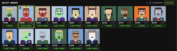 A 'SELECT BROKER' screen from a video game displaying a grid of pixel-art character avatars labeled 'FLOOR TRADER' with various IDs and stats.