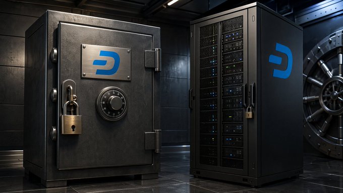 A 3D rendering of a black safe with a blue logo next to a server rack with the same blue logo, set in a dimly lit industrial room with a large vault door in the background.
