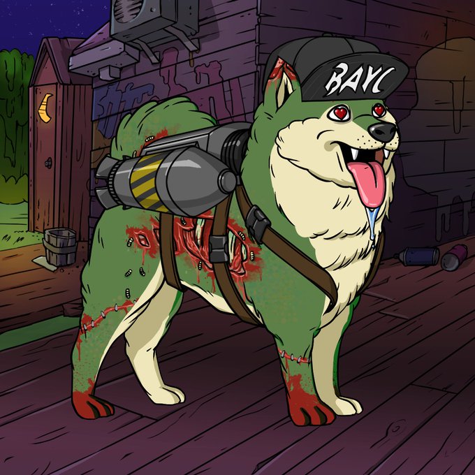 A cartoon illustration shows a green and white dog wearing a black cap with "BAYC" written on it, equipped with a jetpack, and sporting bloody wounds on its body.