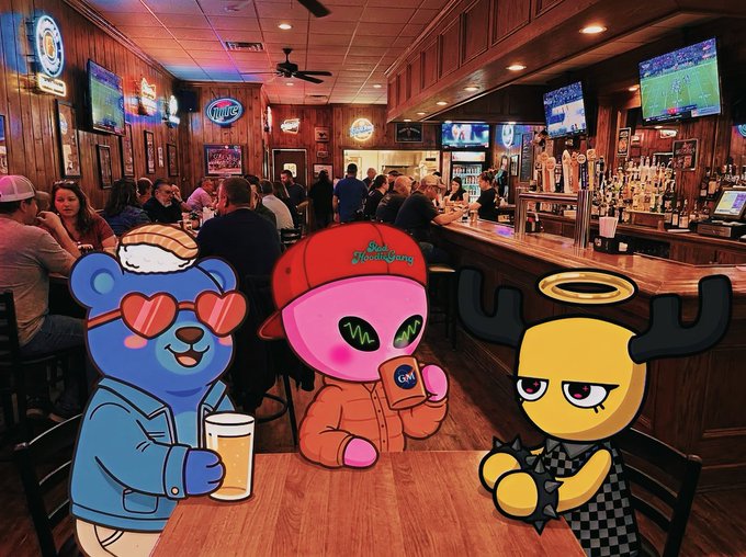 A photograph of a crowded wooden bar with sports on TV, featuring three cartoon characters (a blue bear, pink figure, and yellow moose with halo) overlaid in the foreground.