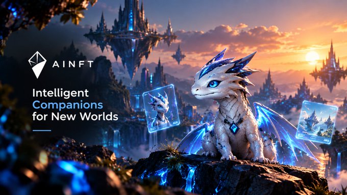 A promotional banner for 'AINFT' displays a white dragon with blue wings in a fantasy landscape, with the text 'Intelligent Companions for New Worlds.'