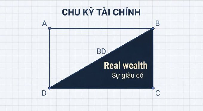 An infographic titled 'CHU KỲ TÀI CHÍNH' (Financial Cycle) showing a rectangle ABCD with a diagonal line BD, highlighting the lower right triangle as 'Real wealth / Sự giàu có'.