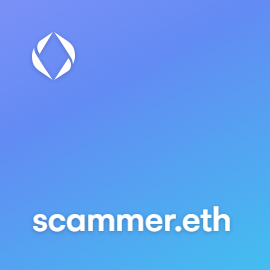A blue gradient logo for 'scammer.eth' with a flame-like icon at the top.