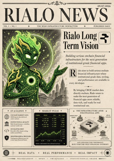 The "Rialo News" headline announces Rialo's long-term vision to build serious onchain financial infrastructure, as illustrated by the image depicting a futuristic entity surrounded by cityscapes and financial symbols. The article highlights Rialo's goal of making onchain financial apps reliable and ready for real-world use by bringing CBOE market data onchain.