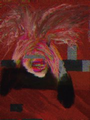 An abstract, painterly image featuring dark red and brown tones with a swirling, colorful burst of pink, yellow, and orange in the center.