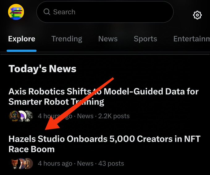 A mobile app interface displays a news feed with headlines including 'Axis Robotics Shifts to Model-Guided Data for Smarter Robot Training' and 'Hazels Studio Onboards 5,000 Creators in NFT Race Boom,' highlighted by a red arrow.