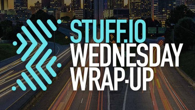 A banner graphic for 'STUFF.IO WEDNESDAY WRAP-UP' featuring a teal geometric logo over a nighttime cityscape with a highway showing light trails from traffic.