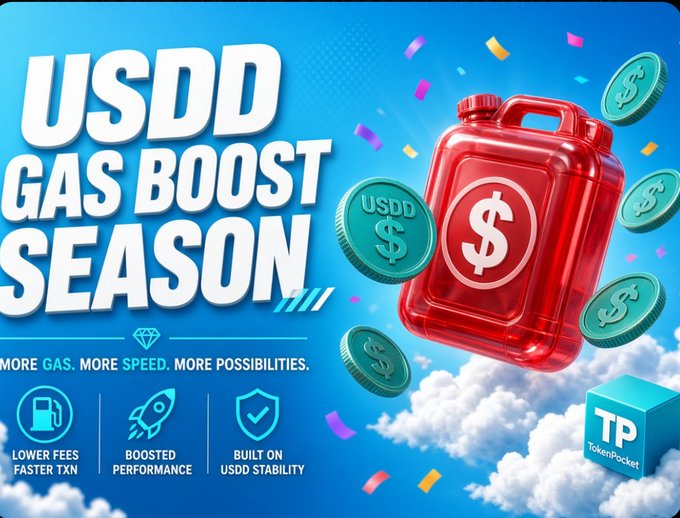 A promotional advertisement for USDD Gas Boost Season by Token Pocket, featuring a red gas can with a dollar sign, floating USDD coins, and text reading 'MORE GAS. MORE SPEED. MORE POSSIBILITIES' with benefits like 'LOWER FEES FASTER TXN' and 'BOOSTED PERFORMANCE'.