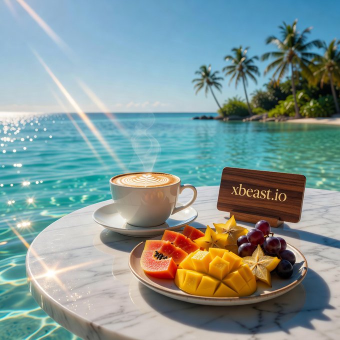 A tropical scene featuring a steaming cup of coffee and a plate of fresh fruit (papaya, mango, starfruit, and grapes) on a marble table, accompanied by a wooden sign reading 'xbeast.io'.