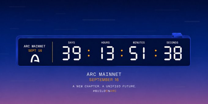 A countdown timer displays 39 days, 13 hours, 51 minutes, and 38 seconds until the ARC Mainnet launch on September 16, with the tagline 'A NEW CHAPTER. A UNIFIED FUTURE. #BUILDONARC'.