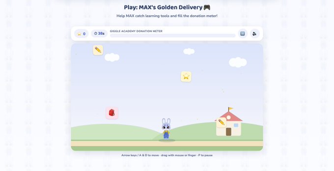 The image shows a web-based browser game titled "Play: MAX's Golden Delivery" featuring a blue rabbit character that catches falling learning tools to fill a "GIGGLE ACADEMY DONATION METER," with a timer reading "0:30s" and controls listed as "Arrow keys / A & D to move - drag with mouse or finger - P to pause." The game supports the post's argument that MAX is a legitimate project with real operations, an official website, games, and gold ($XAUt) donations, suggesting its lack of market cap reflects manipulation rather than a lack of substance.