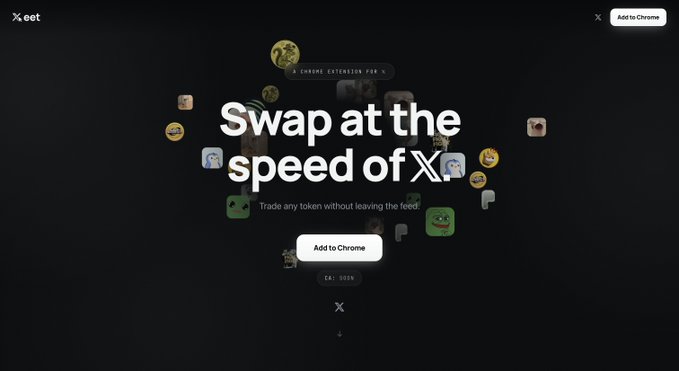 The image shows a promotional webpage for "Xeet," a Chrome extension, featuring the tagline "Swap at the speed of X" with a call-to-action "Add to Chrome" button and "0.69%" display, surrounded by scattered meme-style avatars—matching the post's description of a tool for trading tokens directly within the X timeline.
