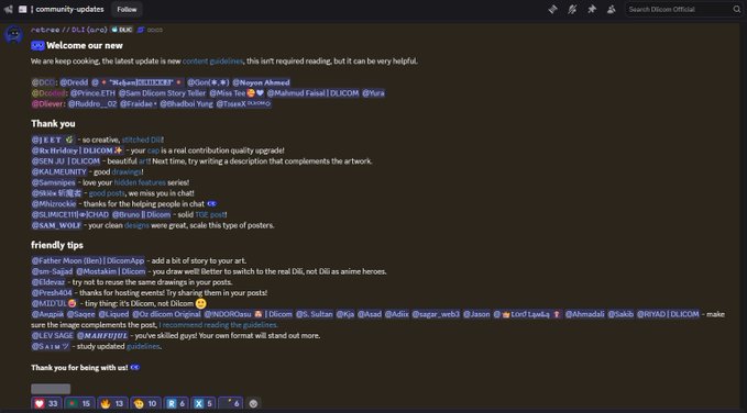 A Discord community update screenshot from 'r/Drawings' or a similar art subreddit shows a 'Welcome to our new' announcement section with thanks to contributors like 'Huddo_02' and 'Ra3elDRAKEERR', along with 'Friendly tips' about posting art.