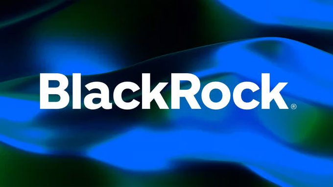 The image features a large, blue logo for BlackRock, which is a company that specializes in Bitcoin trading. The logo consists of the words "BlackRock" written in white letters against a dark background with a wave-like pattern. This design choice creates an interesting visual effect and emphasizes the company's focus on cryptocurrency trading.