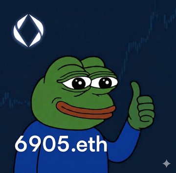 An image of Pepe the Frog giving a thumbs up, wearing a blue shirt, with '6905.eth' written on the shirt and an Ethereum logo in the top left corner.