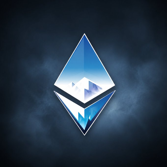 An Ethereum cryptocurrency logo featuring a blue and white diamond-shaped emblem with mountain imagery inside, set against a dark, smoky background.