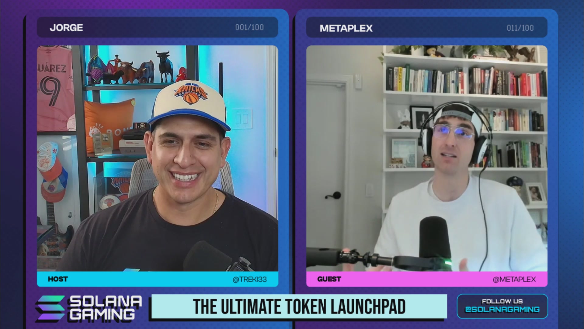 The image shows two men wearing baseball caps sitting behind microphones at a podcast recording booth. The hosts are discussing the topic of "The Ultimate Token Launchpad" during their live podcast show, which appears to be about Solana Collectibles Supercycle.