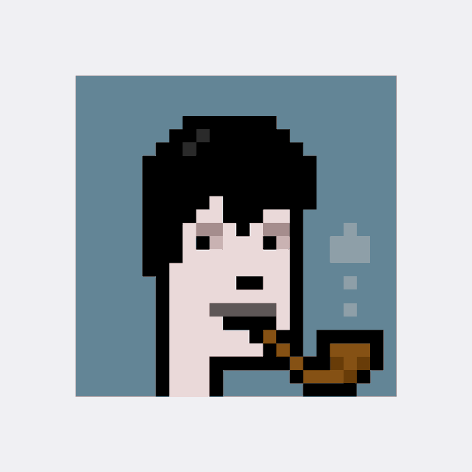 A pixel art portrait of a person with black hair smoking a pipe, set against a solid blue background with a grey exclamation mark.