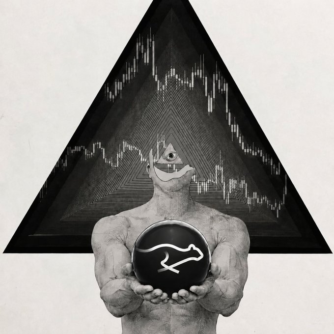 A surreal black and white illustration depicting a muscular humanoid figure with an eye and mustache for a face, holding a black orb with a white symbol, standing before a triangular tunnel pattern overlaid with financial candlestick charts.