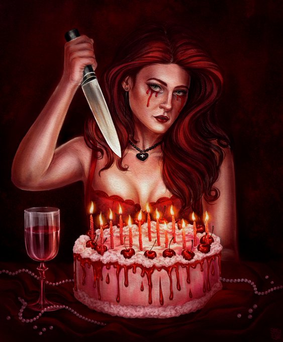 A dark digital painting of a woman with long red hair holding a large knife behind a birthday cake with lit candles and cherries, accompanied by a glass of red wine on a red tablecloth.