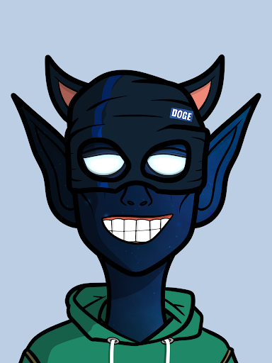 An illustrated character of a dark-skinned figure with pointed ears, glowing white eyes, and a wide toothy grin, wearing a black headpiece labeled 'DOGE' and a green hoodie.