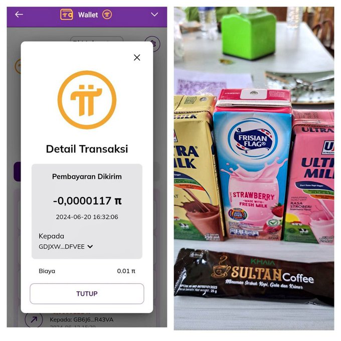 A split image showing a Pi Network transaction confirmation (-0.0000117 Pi) on the left and packaged Indonesian products (Frisian Flag milk, Ultra Milk, Khao Sultan Coffee) on the right.