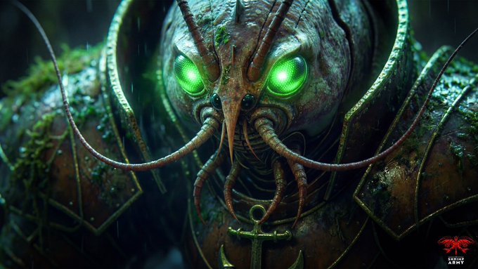 A detailed digital artwork of an alien-like creature with glowing green eyes, multiple tentacles, and moss-covered metallic armor featuring an ankh symbol, with a 'RED ARMY' logo in the corner.