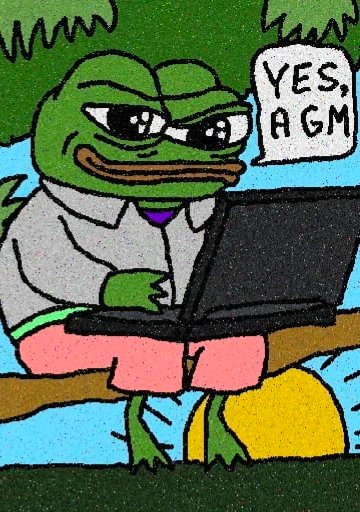 A hand-drawn cartoon depicts Pepe the Frog wearing sunglasses, a gray blazer, and pink shorts while typing on a laptop outdoors, with a speech bubble saying 'YES, AGM'.