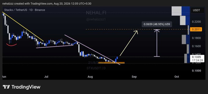 A TradingView chart titled 'Stacks / TetherUS · 1D · Binance' created by 'nehalzzz' showing a price target of '0.0659 (48.95%)'. A watermark 'STXUSDT ] D' appears in the bottom right.