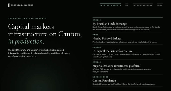 Dark-themed website for Obsidian Systems announcing "Capital markets infrastructure on Canton, in production," with mentions of Brazilian Stock Exchange, Nasdaq Private Markets, US Capital Markets, and the Canton Foundation.