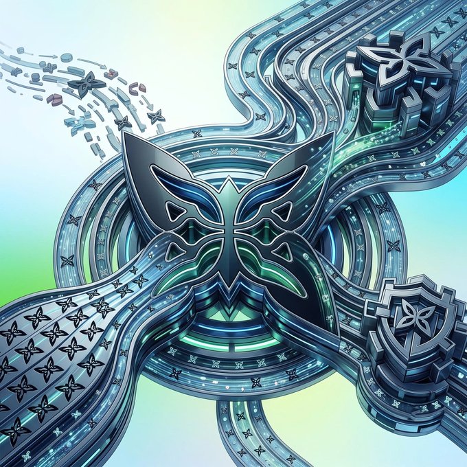 A futuristic, metallic butterfly-like emblem with intricate, flowing mechanical pipes and shield designs against a light blue and green background.