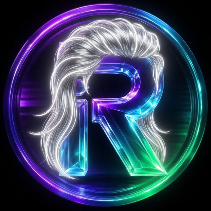 A neon holographic circular logo featuring the letter 'R' with flowing silver hair-like streaks, glowing in purple, blue, and green.