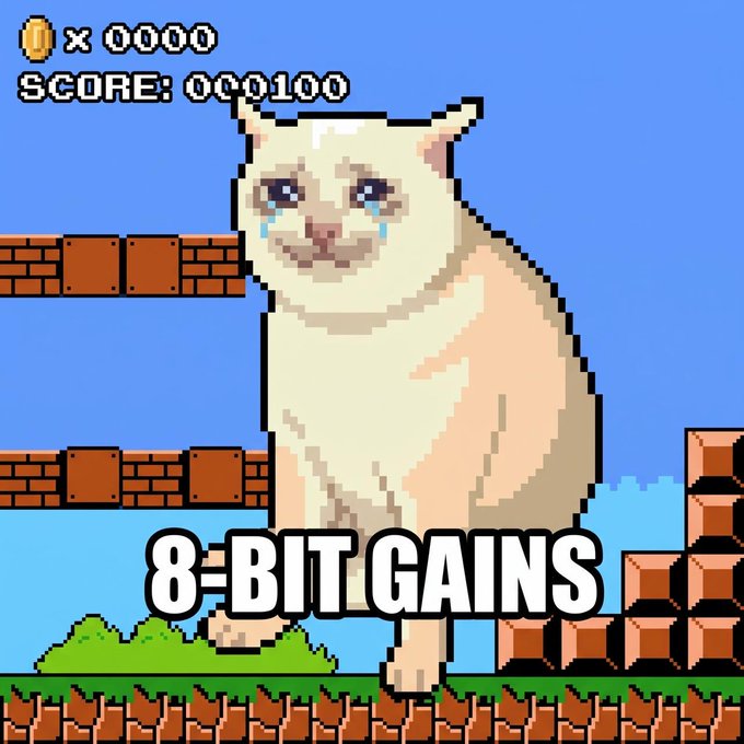 A pixel-art crying cat meme is overlaid on a Super Mario Bros.-style background, with the text "8-BIT GAINS" in bold white letters across the bottom. A coin counter reads "x 0000" and "SCORE: 000100" at the top, evoking a retro video-game fitness challenge that aligns with the "Let the games begin" theme.