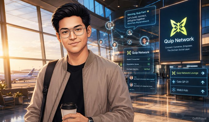 An illustration of a young man with glasses holding a coffee cup in an airport setting, with a holographic interface displaying 'Quip Network', 'The Onchain Social Layer', and various menu options like 'Quip Network Lounge' and 'Web3 Hub', credited to 'OxRIRoyal'.