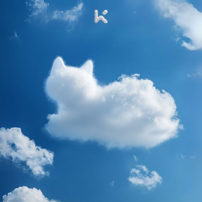 A bright blue sky with fluffy white clouds, one of which is shaped like a cat's head, with a partially visible 'K' logo at the top.