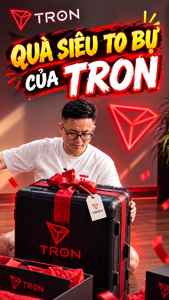 A promotional image featuring a man behind a large black case branded with the TRON logo and a red ribbon, with Vietnamese text reading 'QUÀ SIÊU TO BỰ CỦA TRON' against a backdrop of red TRON diamond logos.
