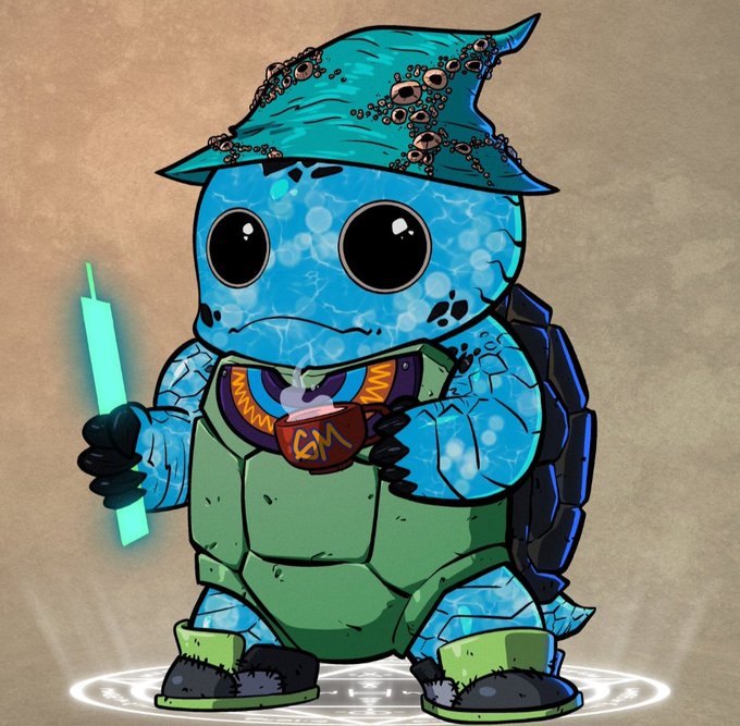 A digital illustration depicts a blue, turtle-like cartoon character with large black eyes wearing a tattered teal wizard hat, holding a glowing green wand and a steaming mug labeled 'GM'.