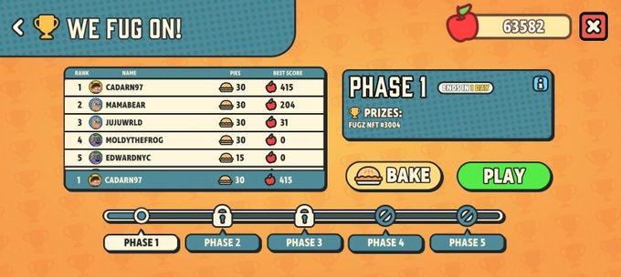 The image displays an interactive menu screen with various game options. One of the options is a game related to "Fugz" featuring cakes, apples, and prizes. The game's name suggests it may be related to "Fugz NFT", while the "Play" button indicates that it can be accessed by players who are interested in joining or learning more about the game. A post on this website is also available, inviting players to take part in a cake baking competition and potentially win an NFT.
