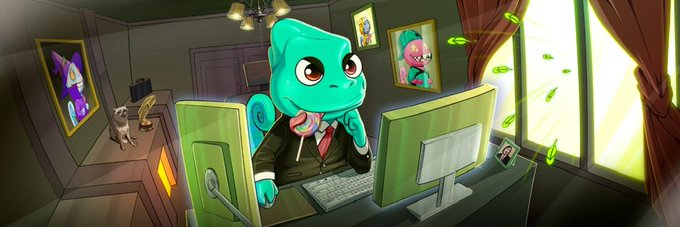 An anthropomorphic teal character in a suit sits at a green computer in a cartoon room while holding a pink rose, with a window letting in bright light and green leaves floating around. The image does not appear to relate to the giveaway post, as it contains no visible text, wallet addresses, or NFT references.