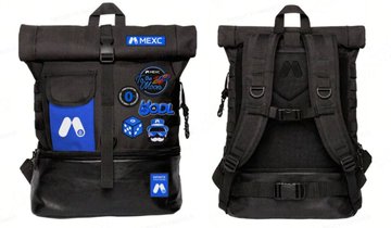 A product image showing the front and back views of a black Mecc backpack with multiple patches and MOLLE webbing straps.