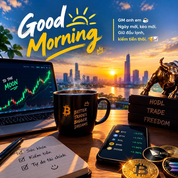 A crypto-themed “Good Morning” illustration combines a rising sun, Bitcoin chart, steaming coffee mug marked “₿” and “BETTER TRADES BIGGER DREAMS,” a bull statue, mobile market tickers, and a notebook with Vietnamese text about health, money, and financial freedom.