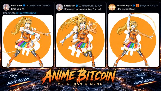 A promotional graphic titled 'Anime Bitcoin - More Than a Meme' featuring tweets from Elon Musk and Michael Saylor alongside anime-style illustrations with Bitcoin logos.